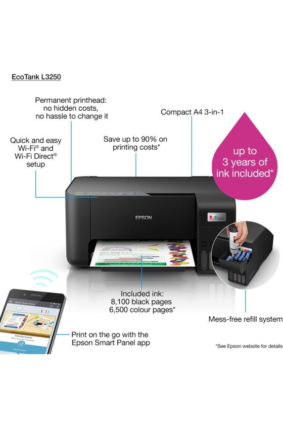 Epson EcoTank L3250 Home ink tank printer A4, colour, 3-in-1 printer with WiFi