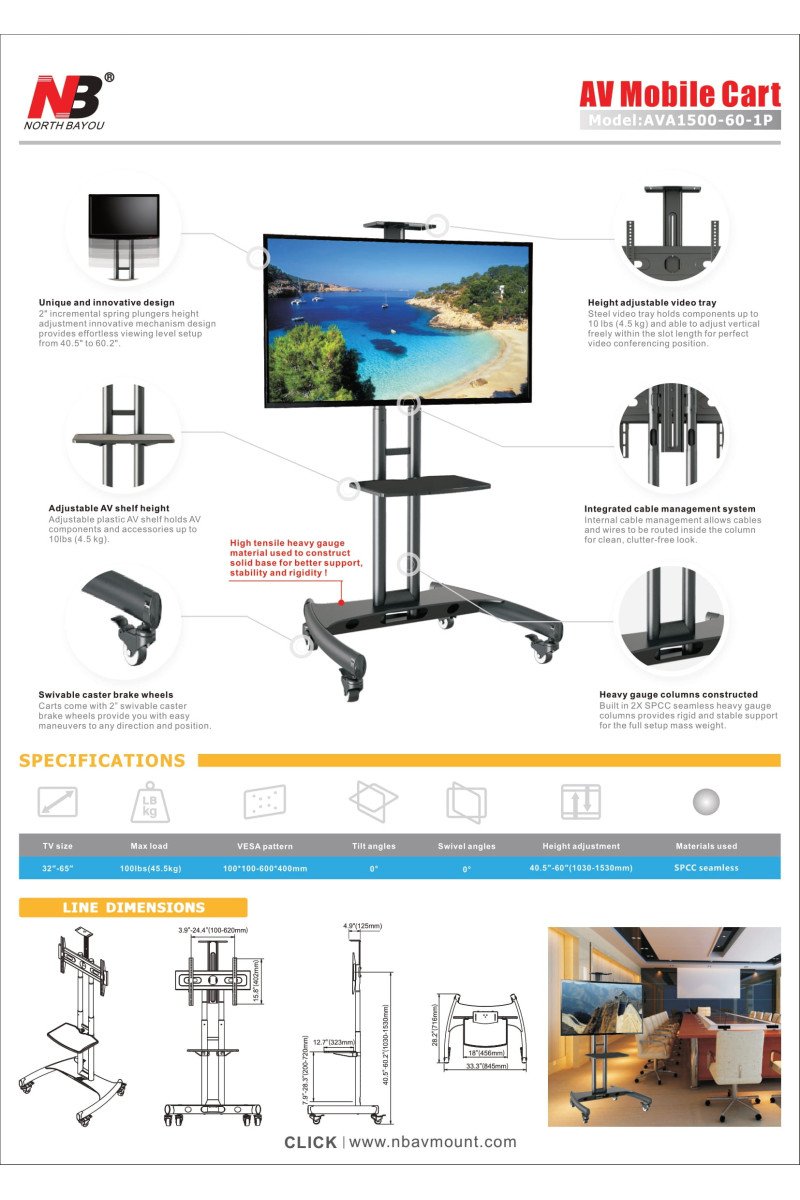 NB AVA1500-60-1P TV Floor Stand/Cart for 32"-65"TVs