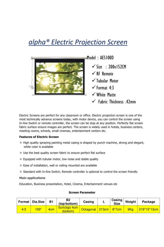 Alpha AES100D Electric Projection Screen 100'' Diagonal 4:3