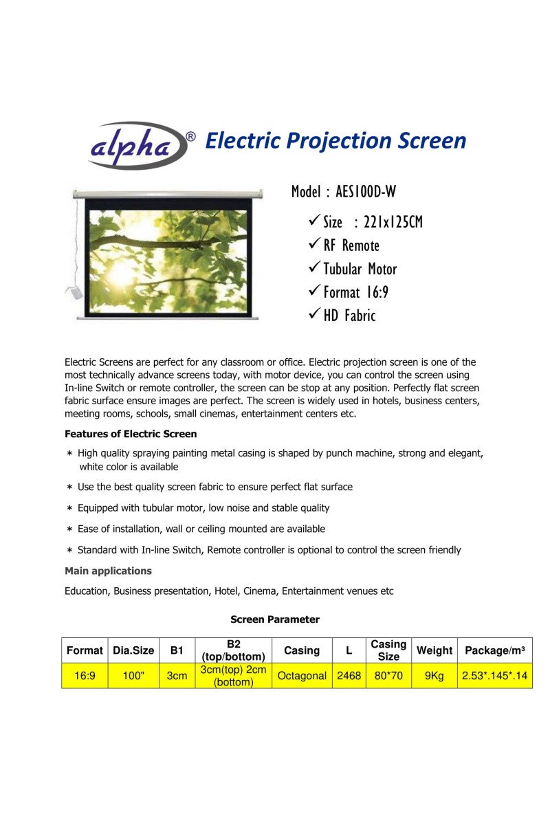 Alpha AES100D-W Electric Projection Screen 100'' Diagonal 16:9
