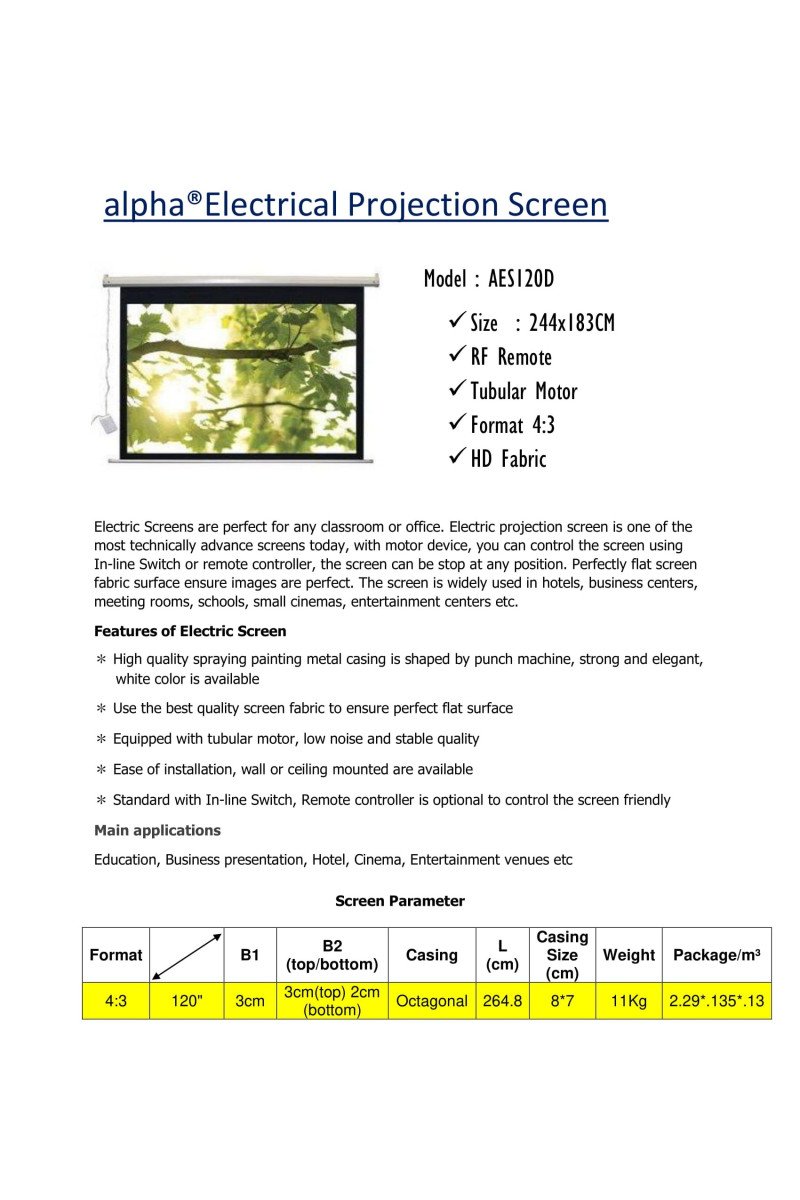 Alpha AES120D Electric Projection Screen 120'' Diagonal 4:3