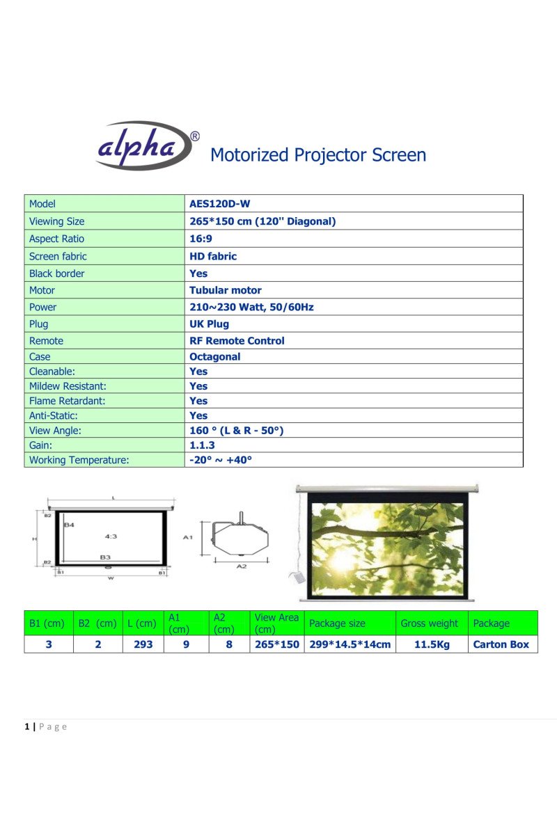 Alpha AES120D-W Electric Projection Screen 120'' Diagonal 16:9