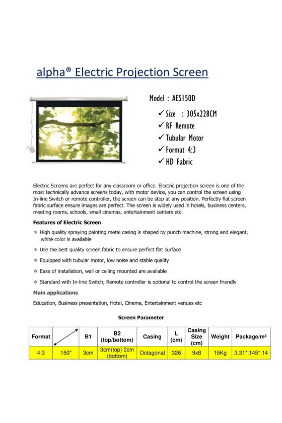 Alpha AES150D Electric Projection Screen 150'' Diagonal 4:3