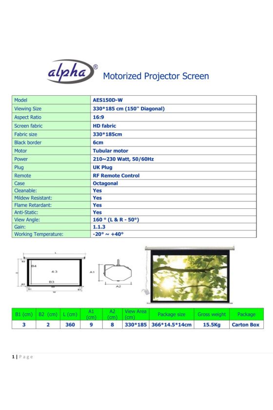 Alpha AES150D-W Electric Projection Screen 150'' Diagonal 16:9