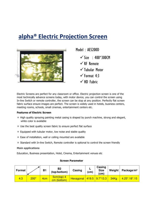 Alpha AES200D Electric Projection Screen 200'' Diagonal 4:3