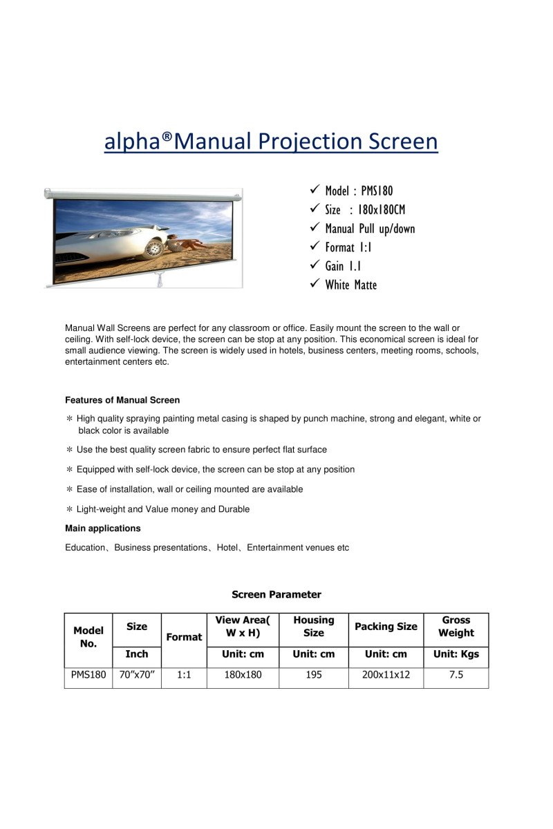 Alpha AMS180 Manual Projection Screen 180x180cm, 4:3